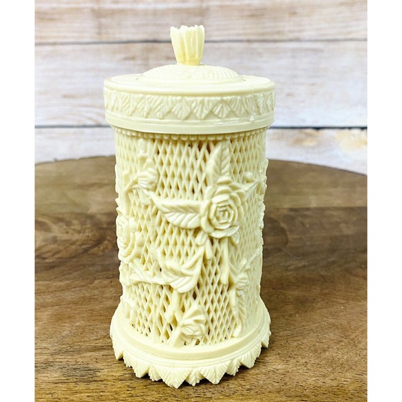 Vtg Hors D'oeuvres Cocktail Forks w/ Ornate Lattice Rose Celluloid Container - Picture 2 of 8